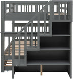 Bellemave Full Over Full Bunk Beds with Stairs and Trundle Wood Bunk Bed Frame with Staircase and Storage Shelves for Kids Teens Adult, Detachable Stairway Bunkbed for Boys Girls, Gray