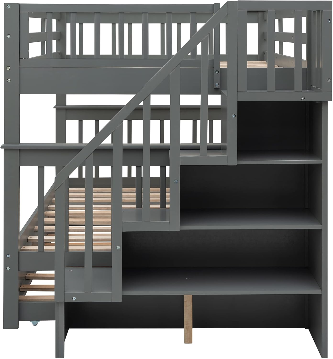 Bellemave Full Over Full Bunk Beds with Stairs and Trundle Wood Bunk Bed Frame with Staircase and Storage Shelves for Kids Teens Adult, Detachable Stairway Bunkbed for Boys Girls, Gray