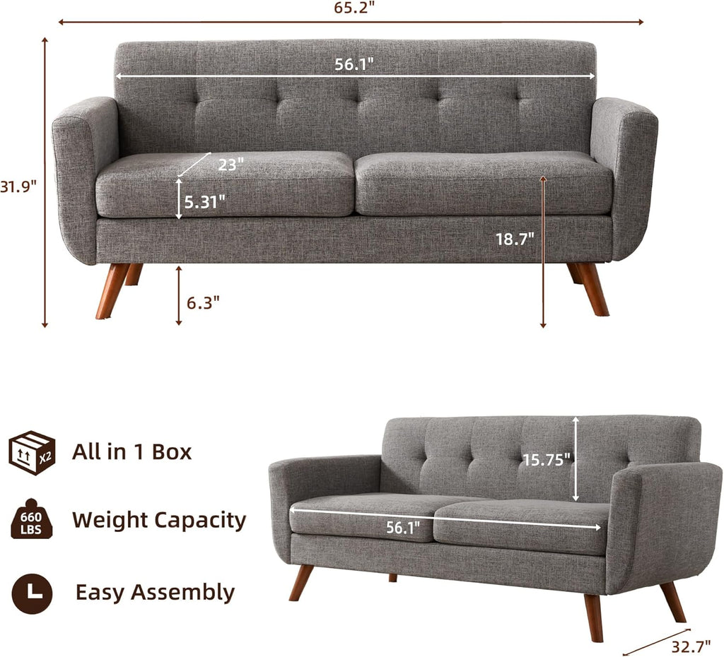 Tbfit 65" W Loveseat Sofa, Mid Century Modern Love Seat Couches for Living Room, Button Tufted Upholstered Small Couch for Bedroom, Solid and Easy to Install Love Seats Furniture, Grey | linen fabric, button tufted, solid wood foot, pocket spring, wo