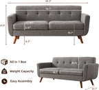 Tbfit 65" W Loveseat Sofa, Mid Century Modern Love Seat Couches for Living Room, Button Tufted Upholstered Small Couch for Bedroom, Solid and Easy to Install Love Seats Furniture, Grey | linen fabric, button tufted, solid wood foot, pocket spring, wo