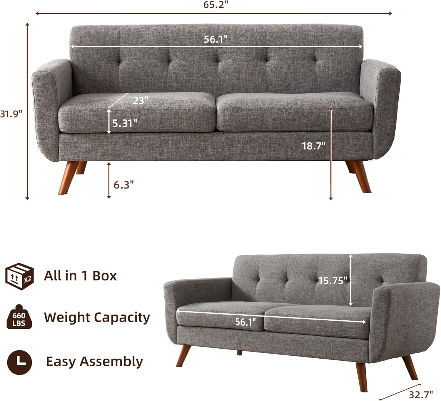 Tbfit 65" W Loveseat Sofa, Mid Century Modern Love Seat Couches for Living Room, Button Tufted Upholstered Small Couch for Bedroom, Solid and Easy to Install Love Seats Furniture, Grey | linen fabric, button tufted, solid wood foot, pocket spring, wo