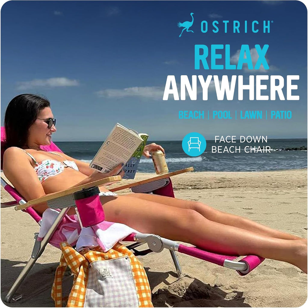 Ostrich the Deluxe 3N1 Lightweight Lawn Beach Reclining Lounge Chair with Footrest, Outdoor Furniture for Patio, Balcony, Backyard, or Porch, Pink