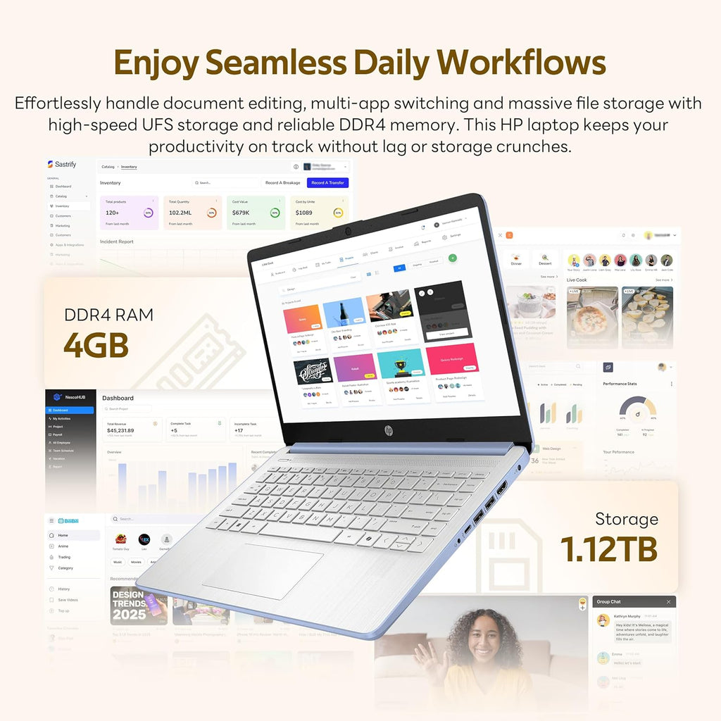 HP Stream 14" Laptop with AI Copilot  Flagship for Students & Business  13th Gen Intel 4-Core  4GB RAM  1.12TB Storage (128GB UFS + 1TB Docking Station)  Office 365 1-Year  Win 11 S  Sky Blue