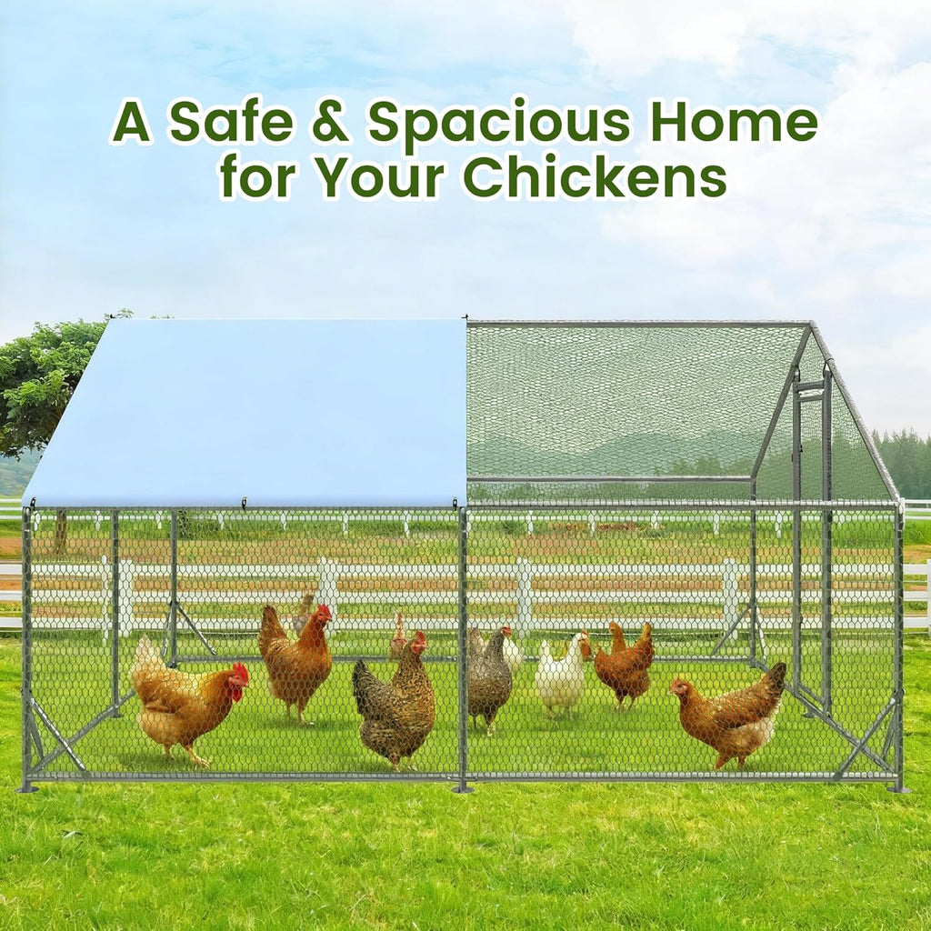 Large Metal Chicken Run Walk-in Poultry Cage Spire-Shaped Chicken Coop with Waterproof and Anti-Ultraviolet Cover for Outside Backyard and Farm 19.6' L x 9.8' W x 6.4' H