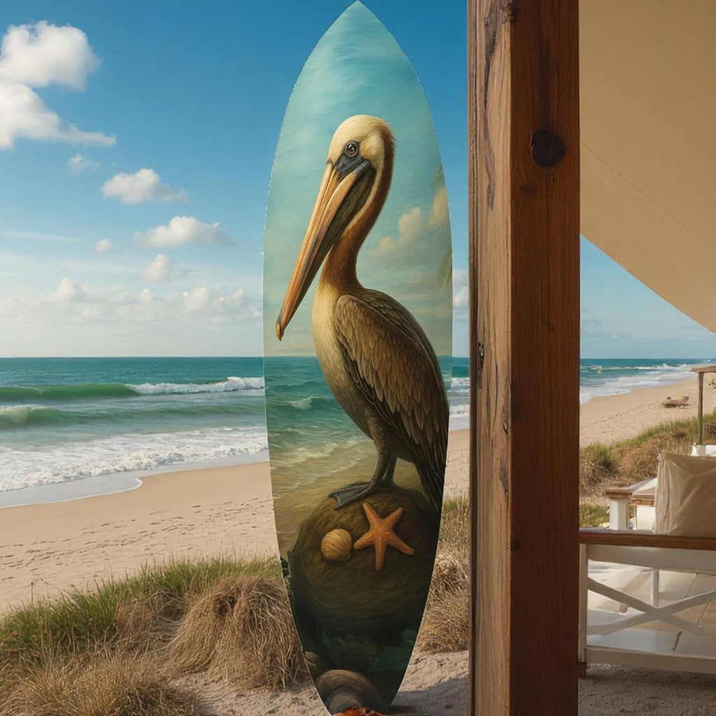JennyGems Pelican Surfboard Wall Art Coastal Bird Decor, Ocean Themed Surfboard Sign, Indoor Outdoor PVC, Beach House Nautical Wall Hanging