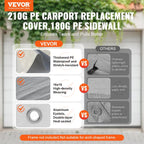 VEVOR Carport Replacement Canopy Cover Top + Side Wall 10 x 20 ft, Garage Tent Shelter Tarp Heavy-Duty Waterproof & UV Protected, Easy Installation with Ball Bungees,Grey (Frame Not Included)