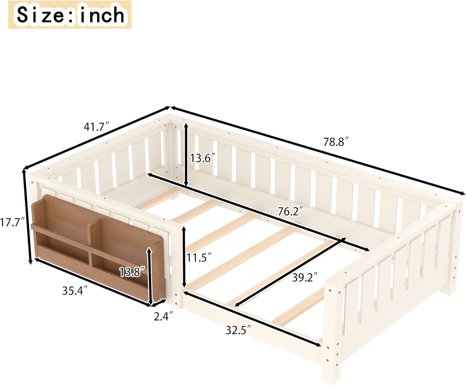 Bellemave Twin Size Kids Montessori Floor Bed Frame with Bookshelf and Guardrail,Solid Wood Floor Bed Frame with Slats for Girls Boys,Low-Profile,Beige