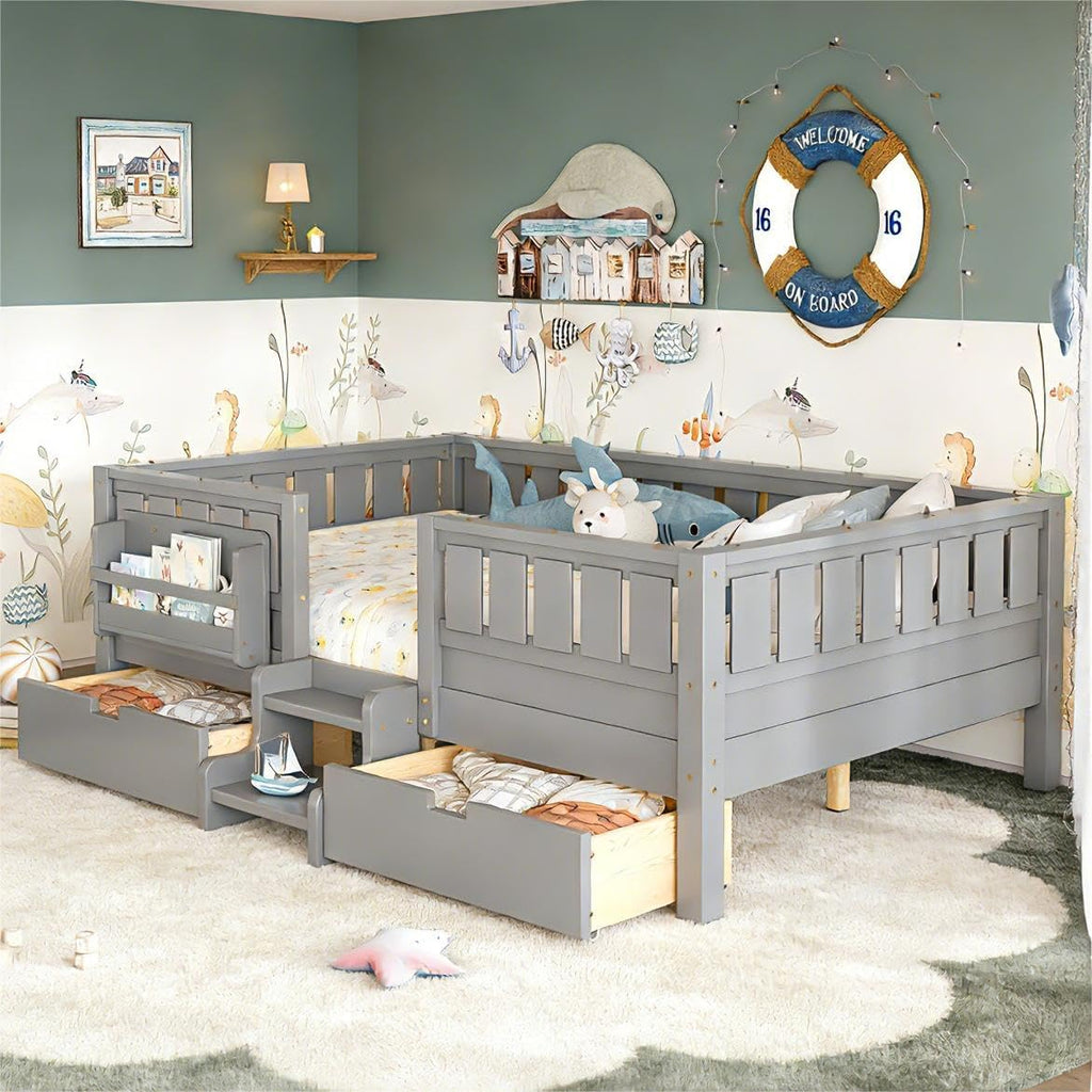 Bellemave Full Size Bed Frame with Storage Drawers & Bookshelf, Low Profile Kids Bed with Staircase & Full Length Guardrails, Solid Wood Full Size Bed Frame Kids with Slats Load 450 LBS, Grey