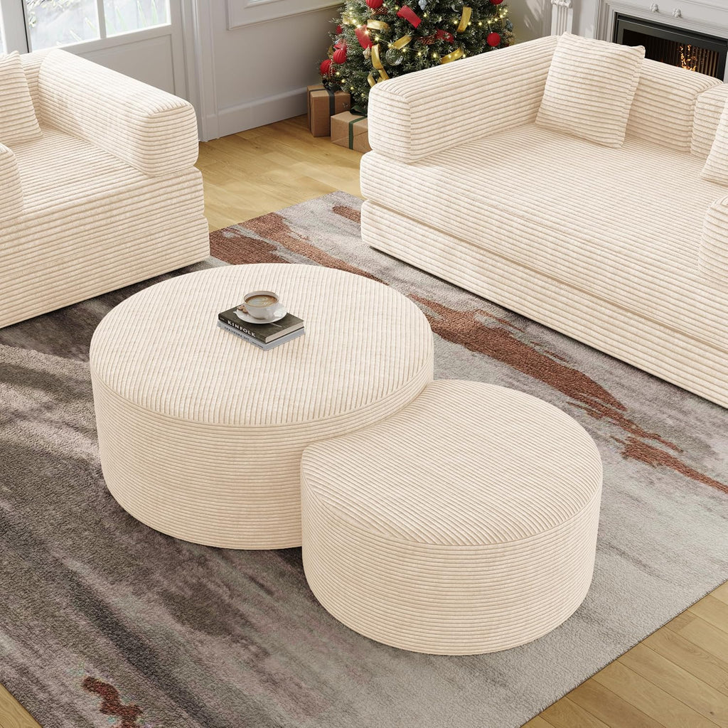 BSHOMGI Round Coffee Table Set of 2, Movable Ottoman for Corduroy Cloud Sectional Couches Circle Foam Round Side Table for Living Room, Entryway Set, 32"+17" Footrest No Assembly (Beige, 32"+17")