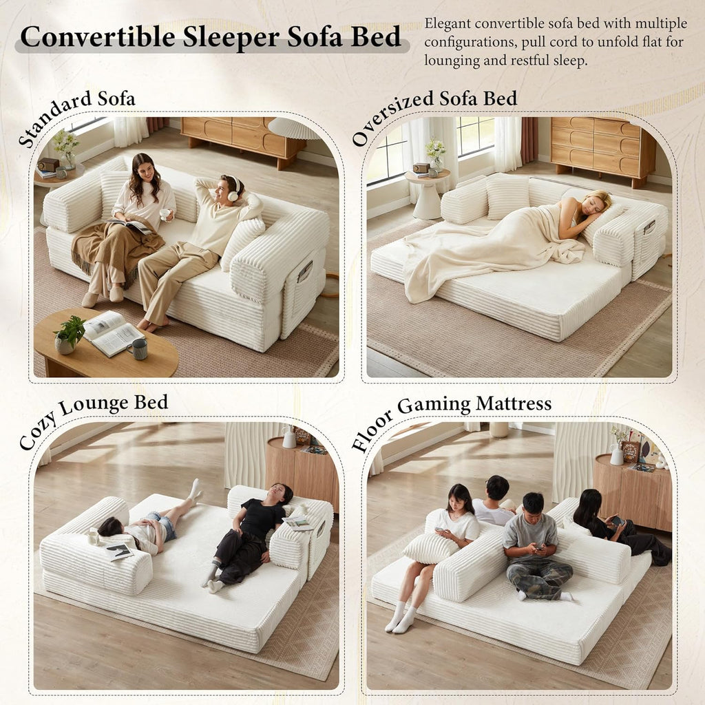 Boneless Couch Folding Couches for Living Room Sofa, Futon Sofa Bed with Sleeper Sofa, Futon Couch with Fixed-Shape Oversized Corduroy Upholstered (White, 81 Inches)