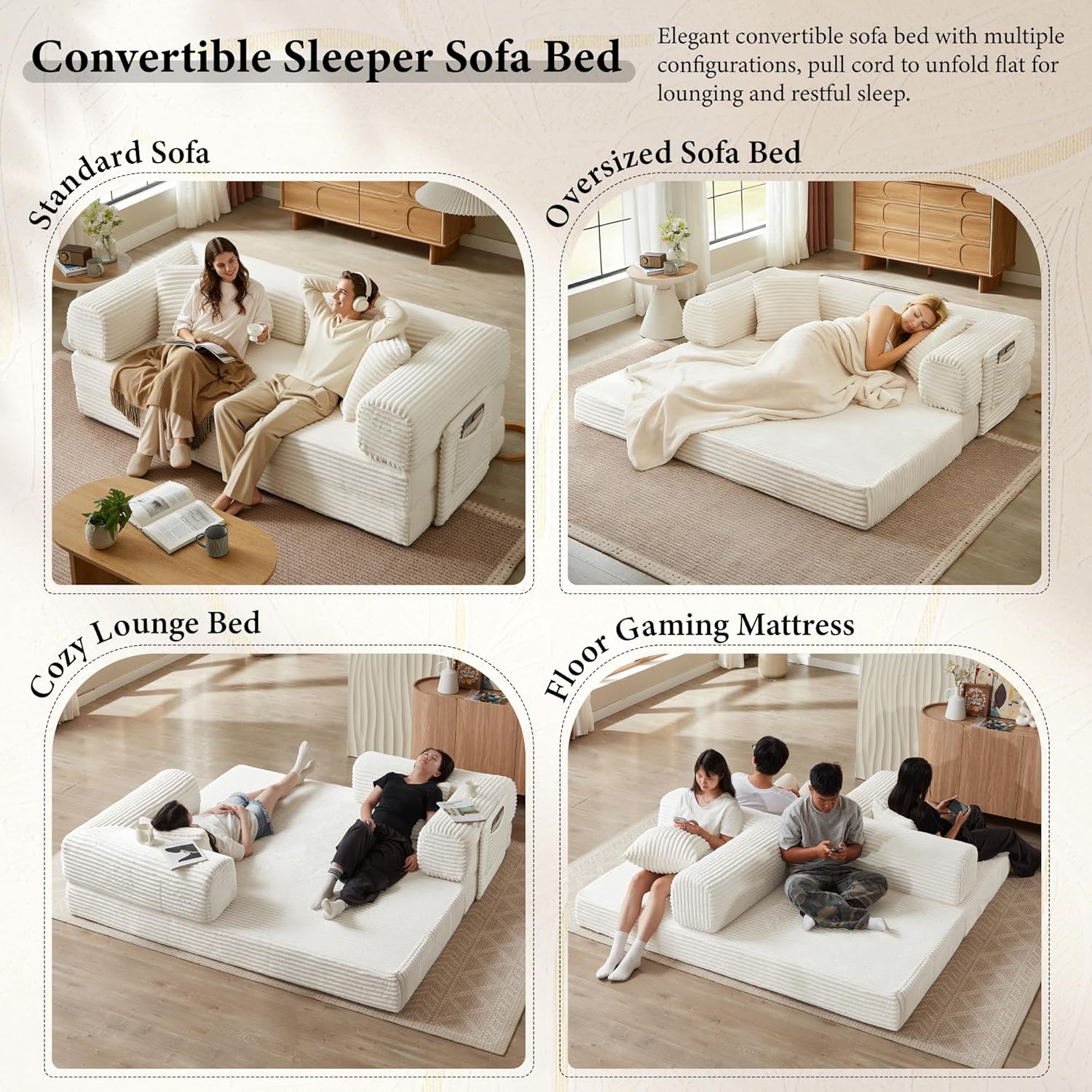 Boneless Couch Folding Couches for Living Room Sofa, Futon Sofa Bed with Sleeper Sofa, Futon Couch with Fixed-Shape Oversized Corduroy Upholstered (White, 81 Inches)