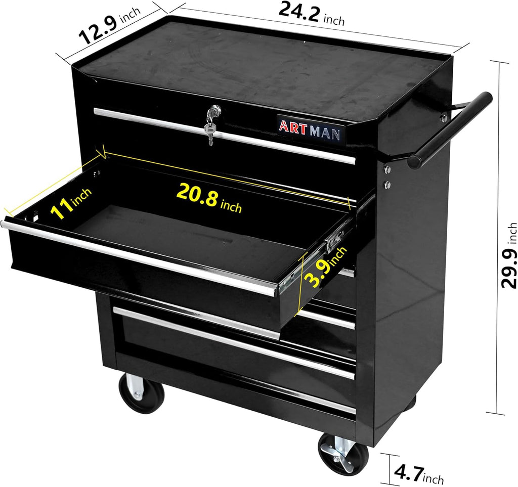 5-Drawer Rolling Tool Chest Cabinet, Large Capacity Metal Tool Box with Wheels and Keyed Locking, Roll Around Storage Organizer Tool Cart for Garage, Warehouse, Work Shop (Black07)