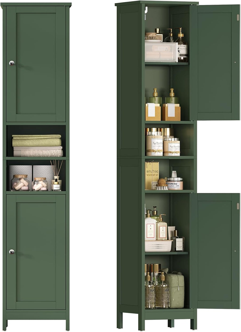 TEENFON 67" Tall Bathroom Cabinet with Adjustable Shelves and Doors, Narrow Bathroom Storage Cabinet for Small Space, Living Room, Entryway, Kitchen, Green