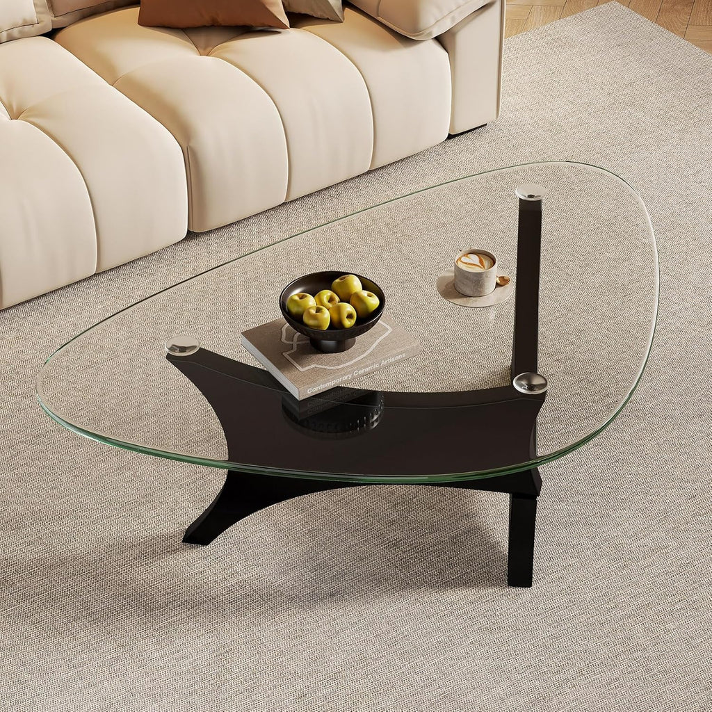 Glass Coffee Table Mid-Century Modern Coffee Table for Living Room Center Table Suitable for Bedroom Living Room Reception Office Tables（Black/Transparent，Medium）
