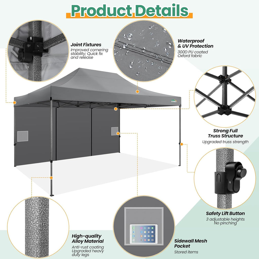 COBIZI 10x15 Heavy Duty Pop up Canopy Tent with 4 sidewalls  Commercial Outdoor Tents for Parties Backyard Event  Wedding  All Season Waterproof Event Shelter with Carry Bag  Gray(Frame Thickened)