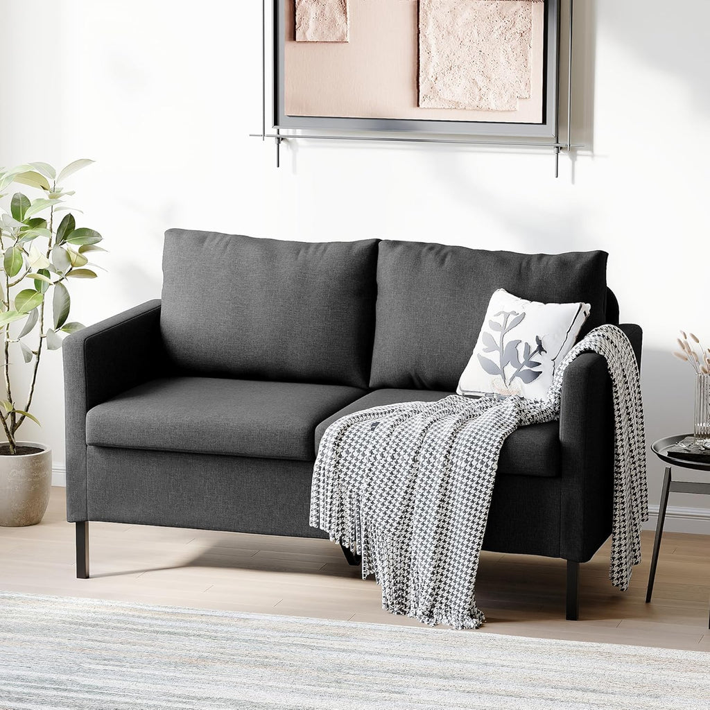 TYBOATLE Linen Fabric Modern Small Loveseat Sofa Couch for Living Room, 51" W Little Upholstered 2-Seater Mini Love Seats w/Iron Legs for Small Space, Apartment, Bedroom, Dorm, Office (Dark Grey)