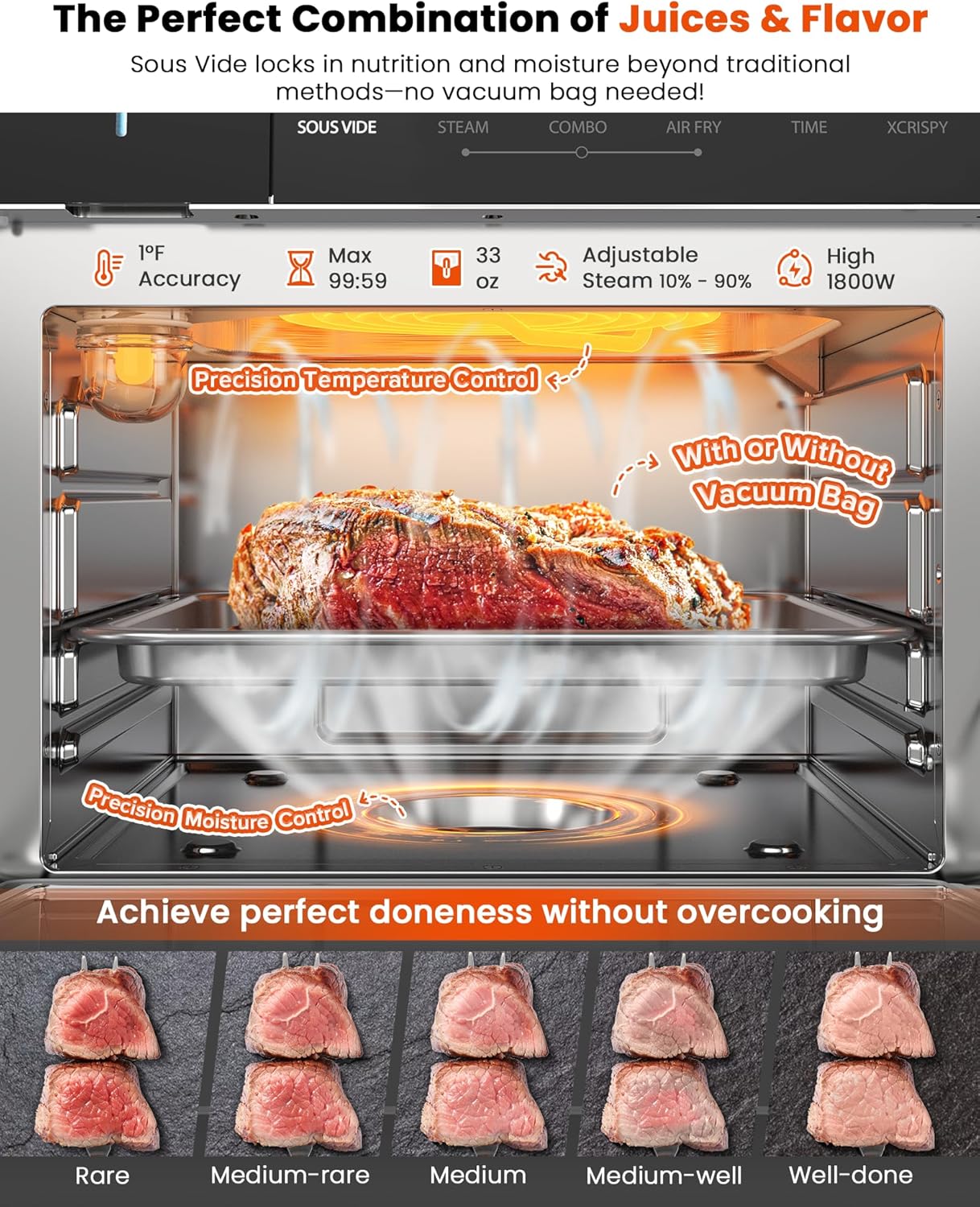 Nuwave Combi Steam Oven, Non-Toxic Stainless Steel Multi-Cooker with Air Fry, Sous Vide, Toast & More, 50-450°F Precision, 120 Presets, Moisture Control, Programmable, Easy to Clean, 16 quarts