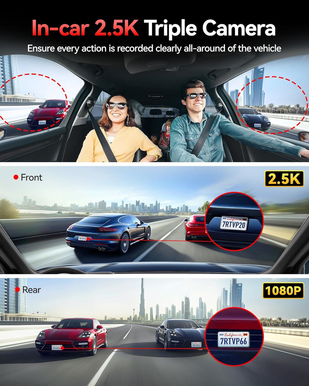 REDTIGER 530° Dash Cam 3 Channel  2.5K+2.5K+1080P Triple Car Camera with 128GB Card  IR Night Vision  Touch Screen  Dashcam for Front Inside Rear Included WiFi GPS  24H Parking Mode
