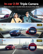 REDTIGER 530° Dash Cam 3 Channel  2.5K+2.5K+1080P Triple Car Camera with 128GB Card  IR Night Vision  Touch Screen  Dashcam for Front Inside Rear Included WiFi GPS  24H Parking Mode