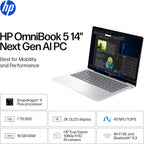 HP OmniBook 5 14 inch Next Gen AI PC  OLED Display  Snapdragon X Plus X1P-42-100  16 GB RAM  1 TB SSD  Qualcomm Adreno GPU  Windows 11 Home  Glacier Silver  14-he0099nr