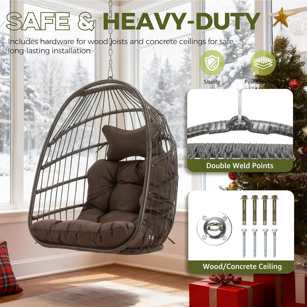 RADIATA Outdoor Egg Chair Without Stand, Foldable Durable Rattan Wicker Hanging Swing Basket, 350 Lbs Heavy-Duty Hammock Chair with Cushion for Patio Balcony Garden Ceiling or Tree Mount, Dark Gray
