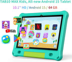 PRITOM Tablet Android 15, All-New 10'' Tablet Kids, Parental Control, 64GB+1TB Expandable Tablets for Kids, Child, WiFi6, Educational, Games, Kids Software Pre-Installed, with EVA Case (Green)