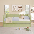 Twin Size Daybed with Pop Up Trundle, Linen Gingham Twin to King Daybed with USB Ports, Upholstered Day Bed Frame, Modern Sofa Bed for Living Room/Bedroom/Guest Room, No Box Spring Needed, Green
