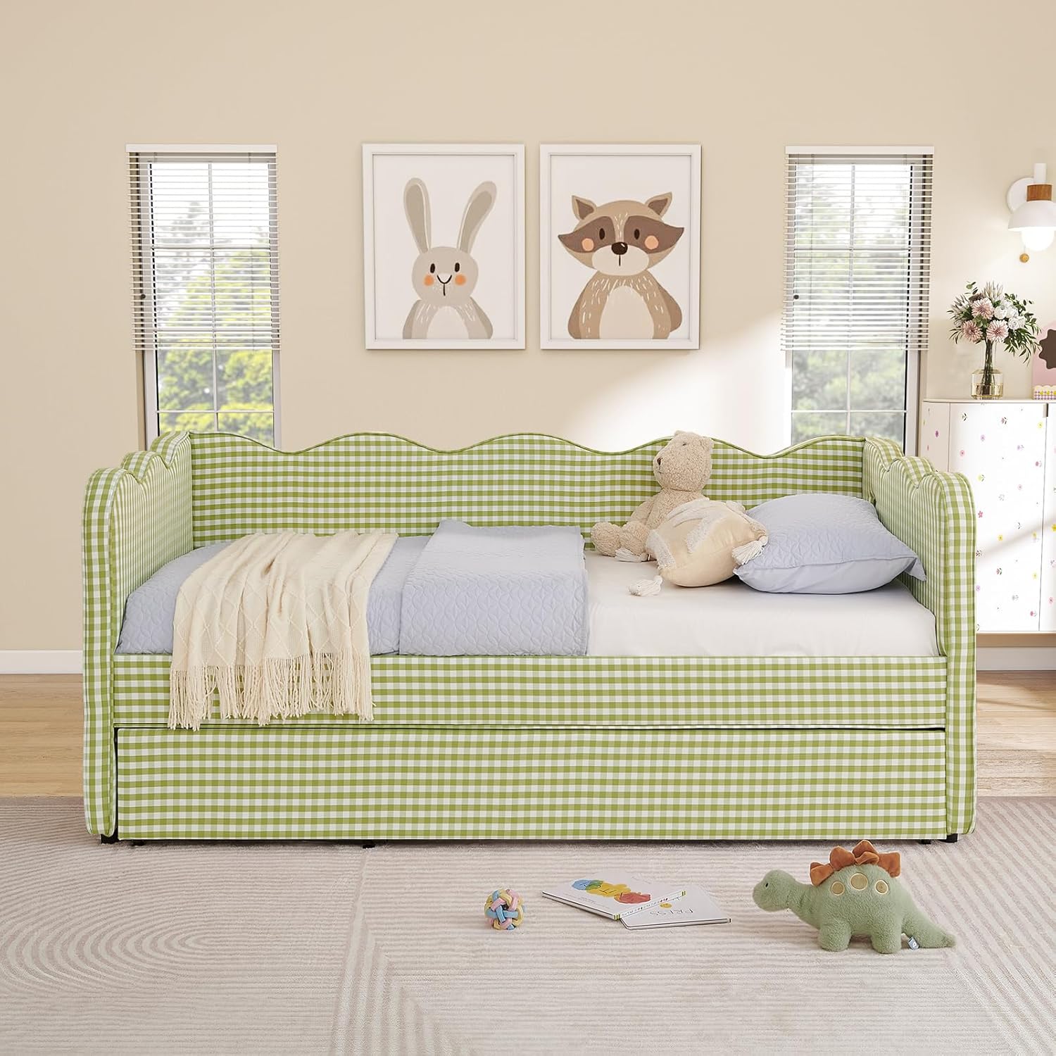 Twin Size Daybed with Pop Up Trundle, Linen Gingham Twin to King Daybed with USB Ports, Upholstered Day Bed Frame, Modern Sofa Bed for Living Room/Bedroom/Guest Room, No Box Spring Needed, Green