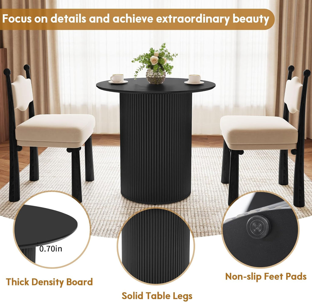 31.5" Black Round Dining Table for 2, Sturdy and Durable Round Wood Dining Table with Fluted Base, Simple Setup Small Kitchen Table for Living Dining Room Office (Black)