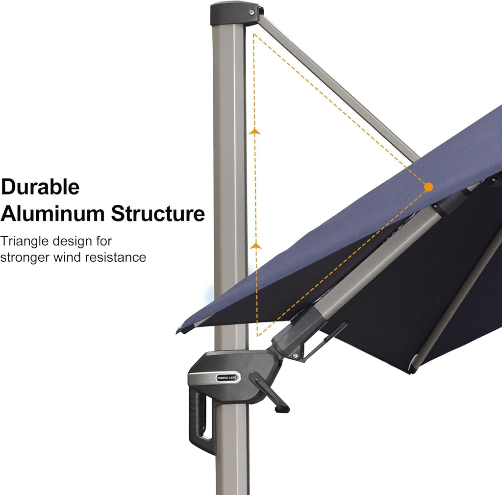 PURPLE LEAF 8' X 10' Left-right Tilting Patio Umbrella with Base Outdoor Swivel Cantilever Offset Aluminum Umbrella with Champagne Frame and 360-degree Rotation for Garden Deck Pool, Navy Blue
