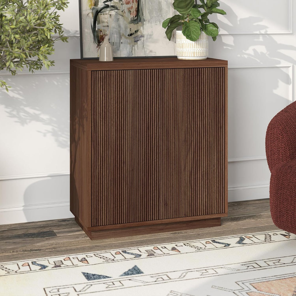 Henn&Hart 28" Fluted Wooden Accent Cabinet, Ribbed Modern Sideboard Buffet Cabinet with 2 Doors and an Adjustable Shelf for Living Room, Dining Room, Bedroom or Entryway, Medium Walnut