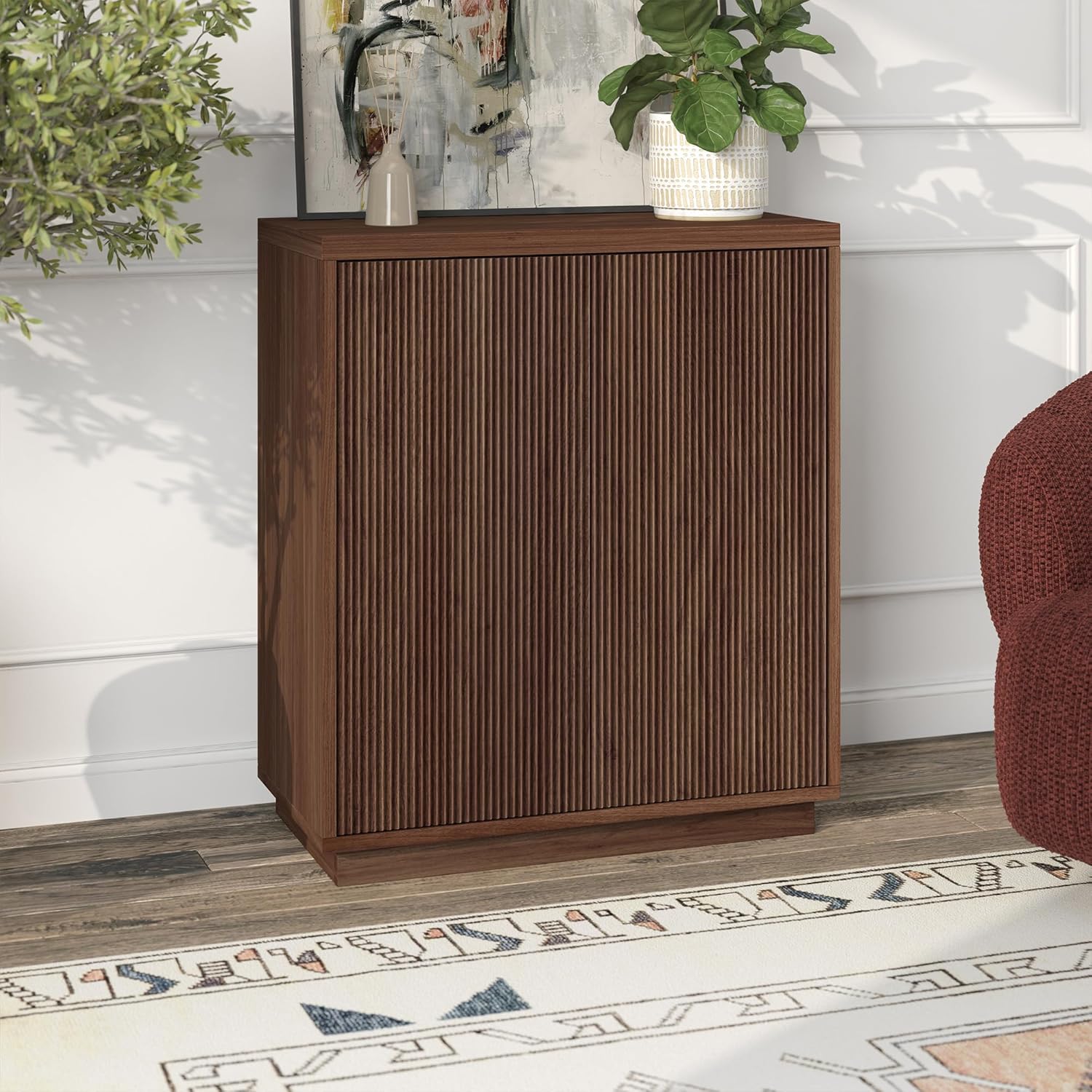 Henn&Hart 28" Fluted Wooden Accent Cabinet, Ribbed Modern Sideboard Buffet Cabinet with 2 Doors and an Adjustable Shelf for Living Room, Dining Room, Bedroom or Entryway, Medium Walnut