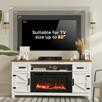 Fireplace TV Stand, 70" Farmhouse TV Stand with Barn Door for 80" TVs, Entertainment Center with Black Fireplace & Storage, White