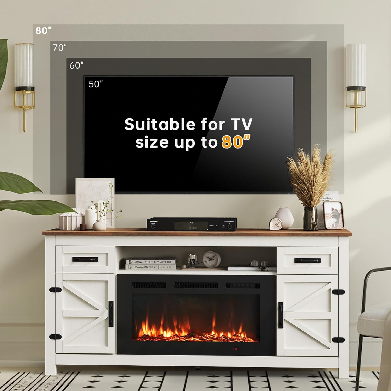 Fireplace TV Stand, 70" Farmhouse TV Stand with Barn Door for 80" TVs, Entertainment Center with Black Fireplace & Storage, White