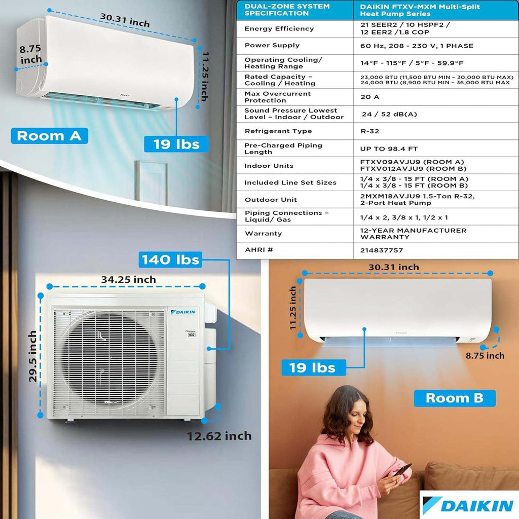 Daikin 18,000 BTU (9K + 12K) 21SEER2 2-Zone Mini Split Air Conditioner Heat Pump R-32 System with Maxwell 15 ft. Installation Kit and Wall Mounting Bracket
