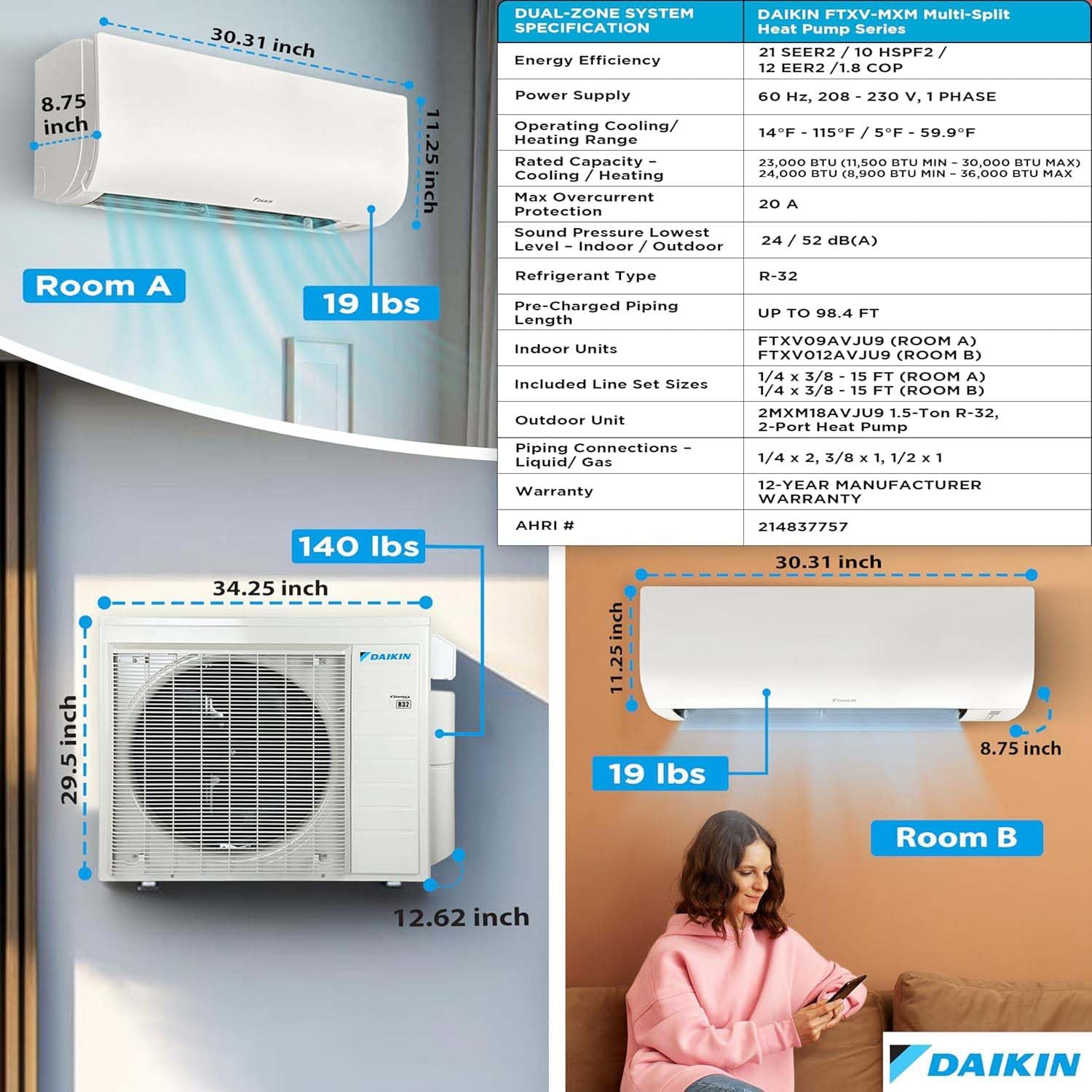 Daikin 18,000 BTU (9K + 12K) 21SEER2 2-Zone Mini Split Air Conditioner Heat Pump R-32 System with Maxwell 15 ft. Installation Kit and Wall Mounting Bracket
