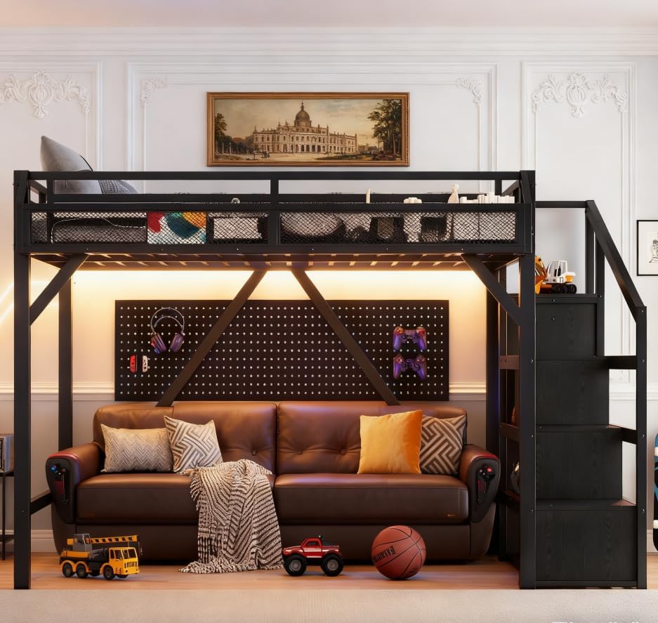 Bellemave Queen loft Bed with Storage Stairs, Wardrobe, Shelves, Metal Queen Size Loft Bed Frame for Adults, Kids, Teens, Black with Black Woodgrain