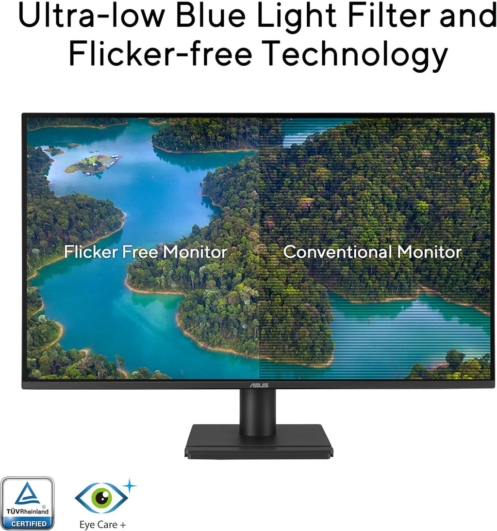 ASUS 27” 1440P Eye Care Monitor (VA27AQ) - IPS  QHD (2560 x 1440)  99% sRGB  Frameless  HDMI  DisplayPort  VGA  1ms  Speakers Low Blue Light  Flicker Free  VESA Wall Mountable  3 yr Warranty
