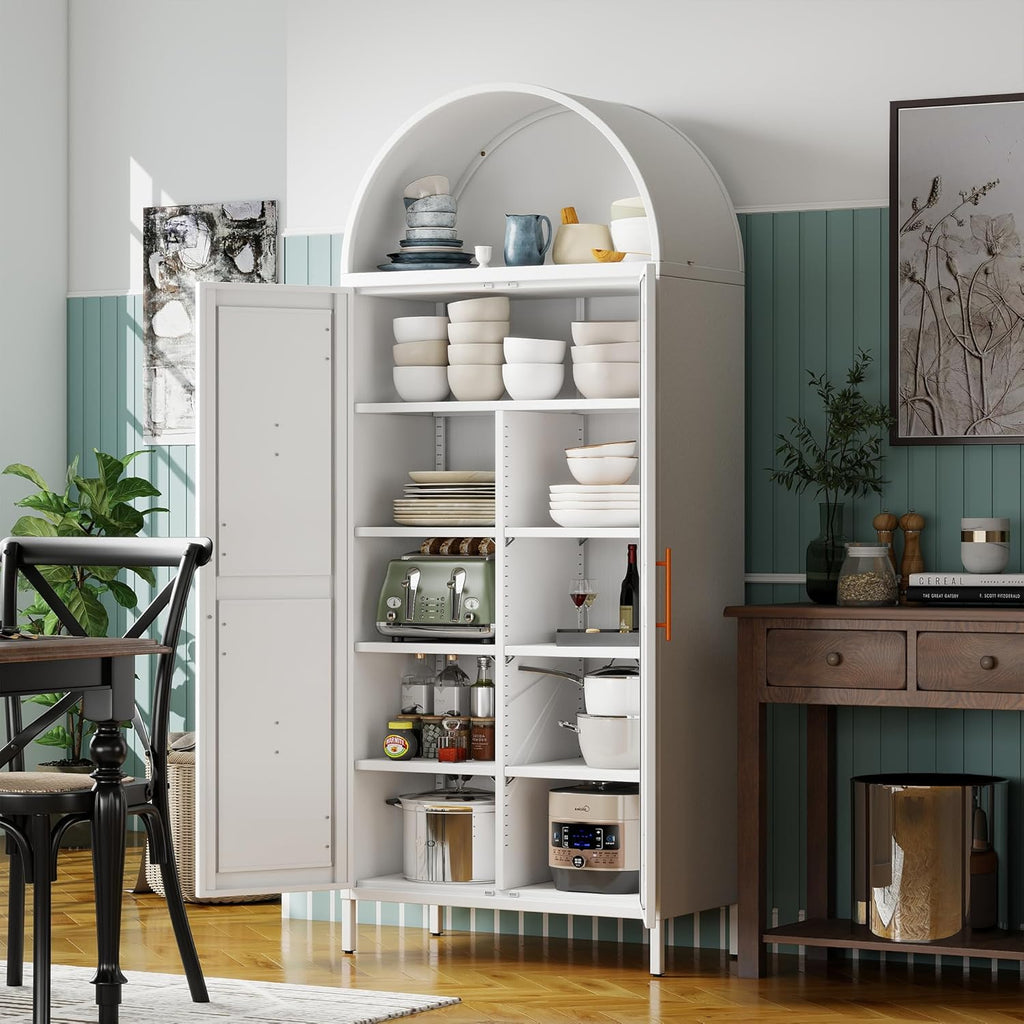 73" Tall Arched Kitchen Pantry Cabinet with 6 Adjustable Shelves, Farmhouse Metal Storage Cabinet with 2 Doors, Reinforced Rice-Shaped Embossed Panels, Tall Pantry Storage for Home Office