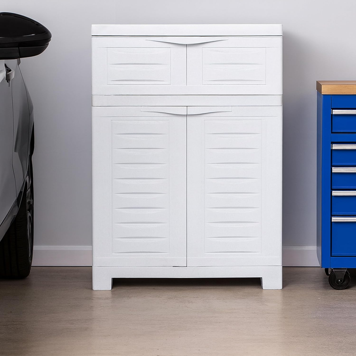 Sunnydaze 34.5" H Resin Garage Storage Cabinet - Garage Cabinet with Adjustable Shelf - Freestanding Utility Storage for Laundry Room, Office, Basement - Speckled White