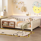Bellemave Beige Montessori Floor Bed with Fence and Slats, Full Size Montessori Floor Bed with Bookcase and High Rails, Easy Assemble Bed Frame for Girls, Boys, Full