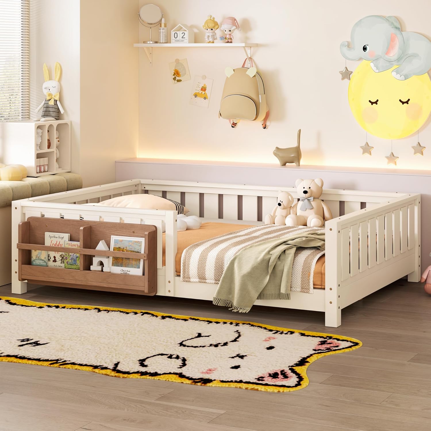 Bellemave Beige Montessori Floor Bed with Fence and Slats, Full Size Montessori Floor Bed with Bookcase and High Rails, Easy Assemble Bed Frame for Girls, Boys, Full
