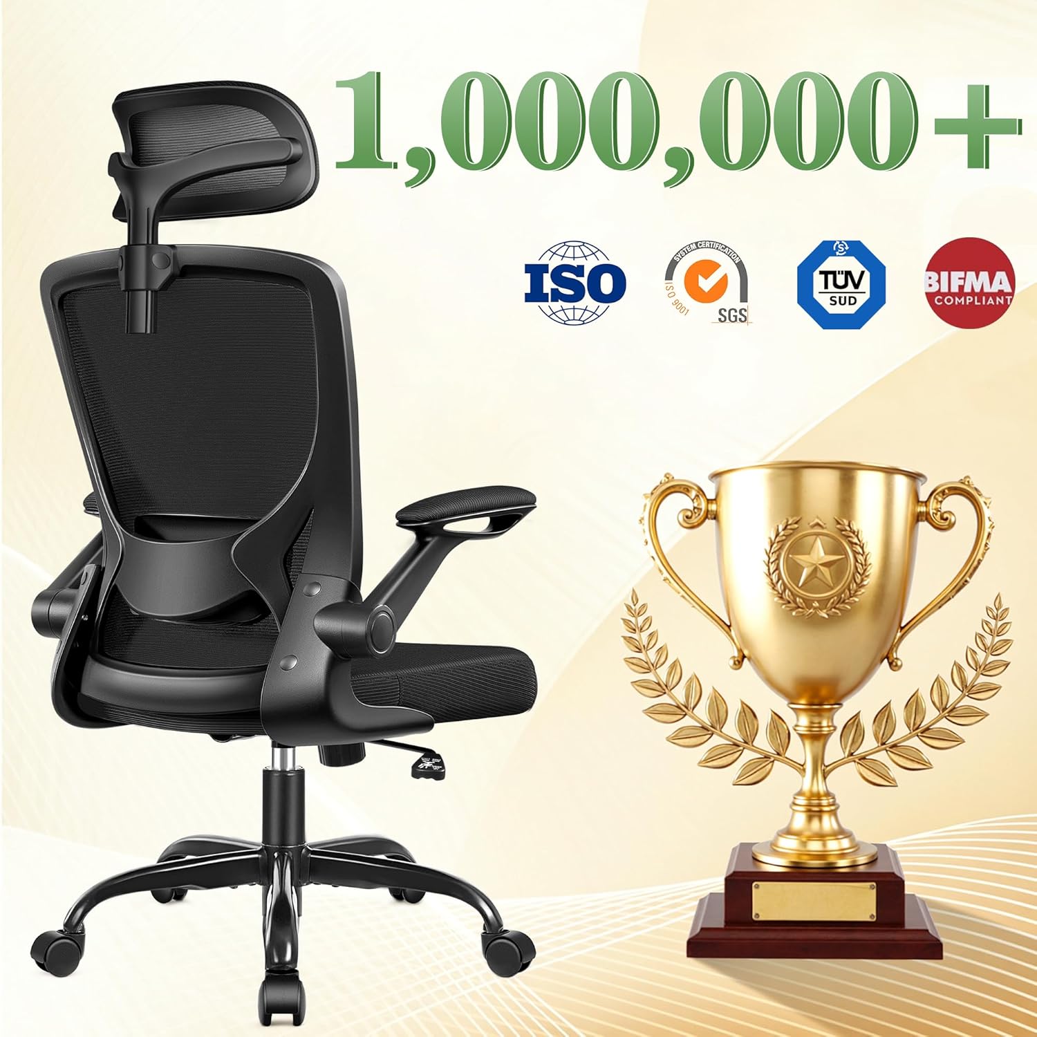 BESTFAIR Office Chair Ergonomic Desk Chair, Breathable Mesh Office Chairs with Adjustable Lumbar Support, Flip-Up Arms, Computer Desk Chair Comfy for Home Office, Black