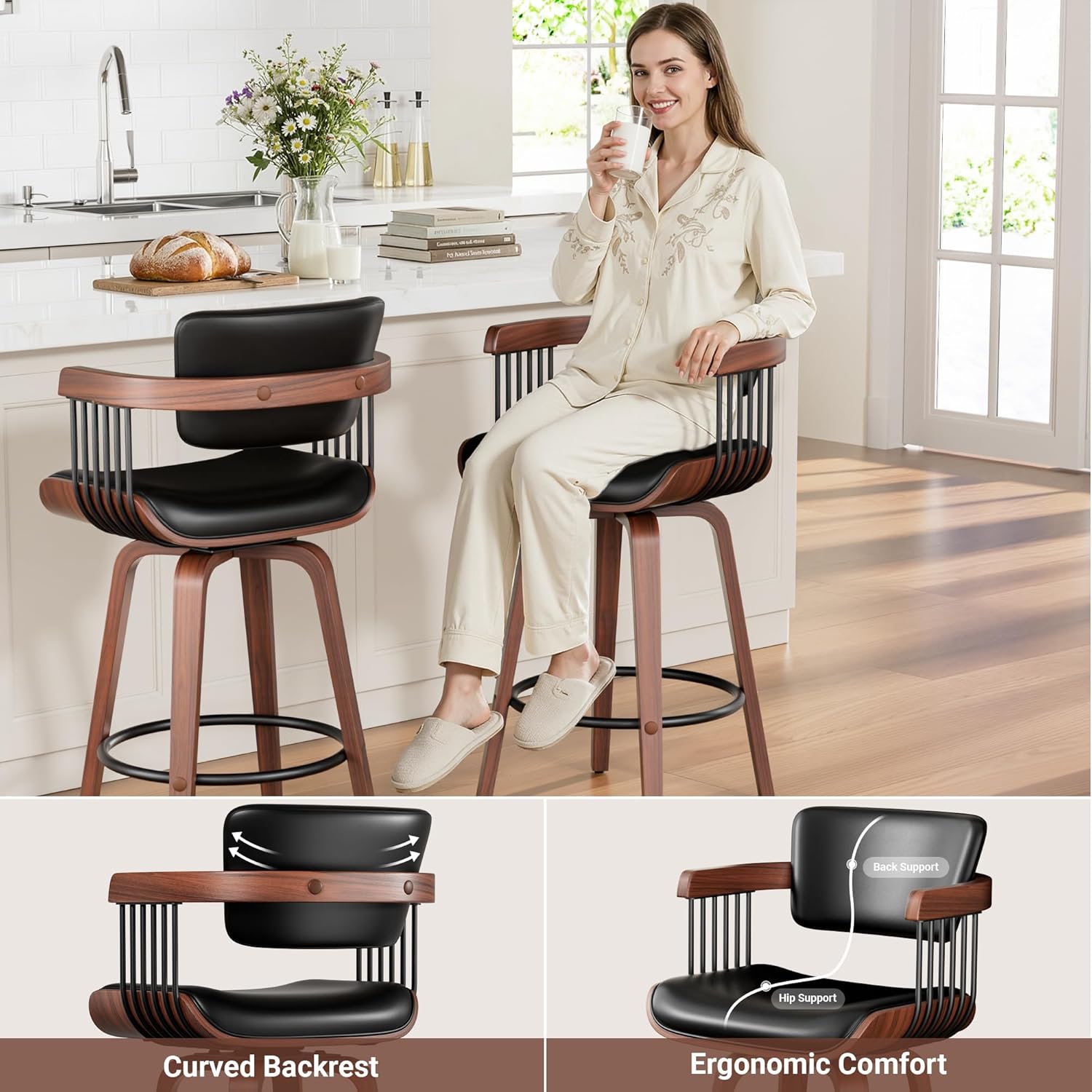 Swivel Counter Height Bar Stools Set of 2, 26 Inch Mid Century Modern Bentwood Barstools with Padded Back and Wood Legs, PU Leather Kitchen Island Chairs with Arms, Black