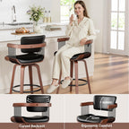 Swivel Counter Height Bar Stools Set of 2, 26 Inch Mid Century Modern Bentwood Barstools with Padded Back and Wood Legs, PU Leather Kitchen Island Chairs with Arms, Black