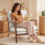 DUMOS Mid Century Modern Chair Set of 2, Accent Chair with Arms and Waist Cushion, Reading Chairs for Adults, Lounge Chair for Living Room and Bedroom, Solid Wooden Frame, Beige