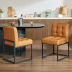 Brown Faux Leather Dining Chairs Set of 2, Mid-Century Modern Dining Room Chairs with Armless, Checkered Kitchen Chair with Metal Legs