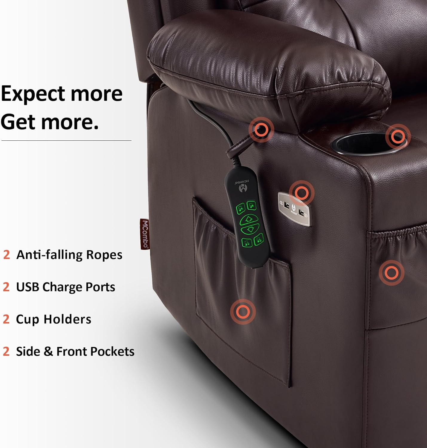 MCombo Large Triple Motor Power Lift Recliner Chair with Massage and Heat for Elderly People, Adjustable Headrest, Infinite Position, USB Ports, Faux Leather 7662 (Dark Brown, Large)