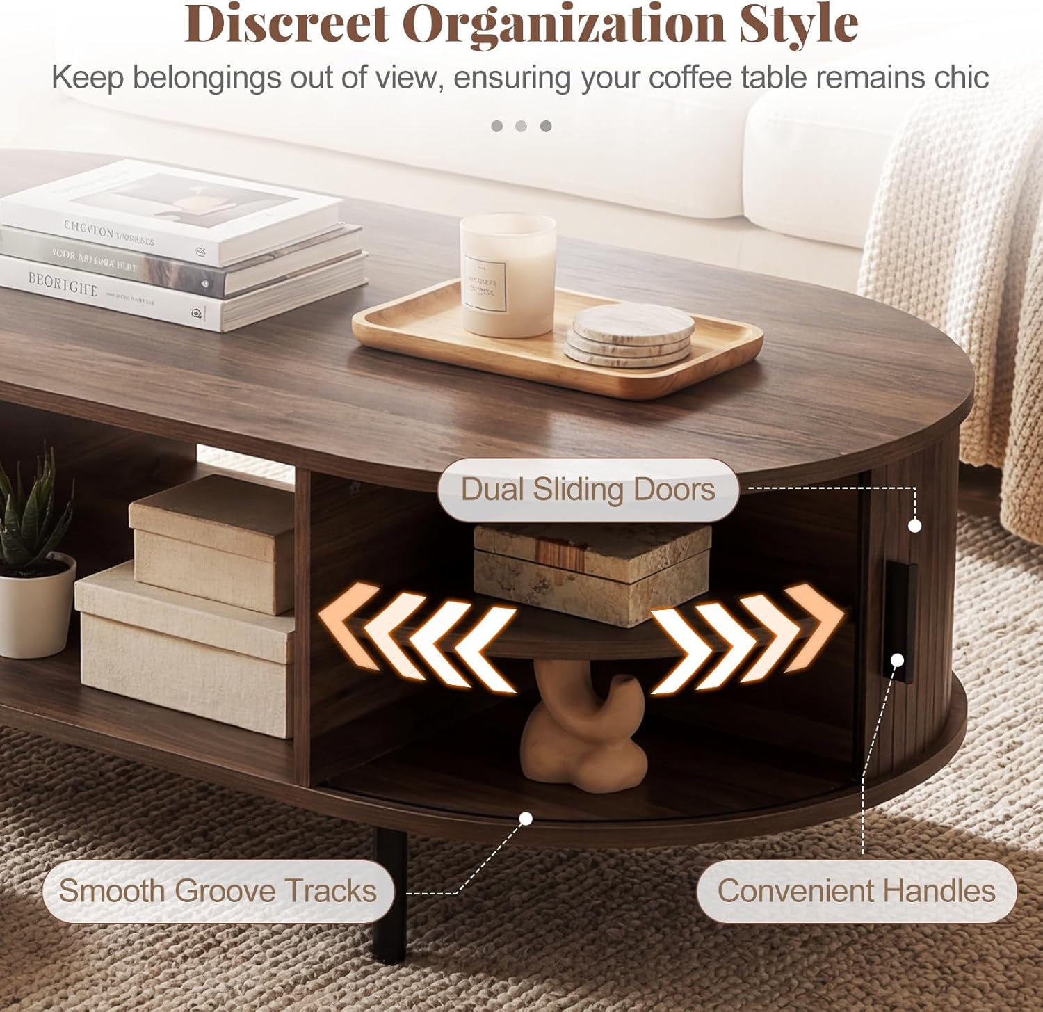 Giantex Oval Coffee Table, 47.5" Mid Century Modern Center Table with Sliding Tambour Doors, Hidden Storage & Open Compartment, Fluted Wood Living Room Tables for Small Space (Walnut)