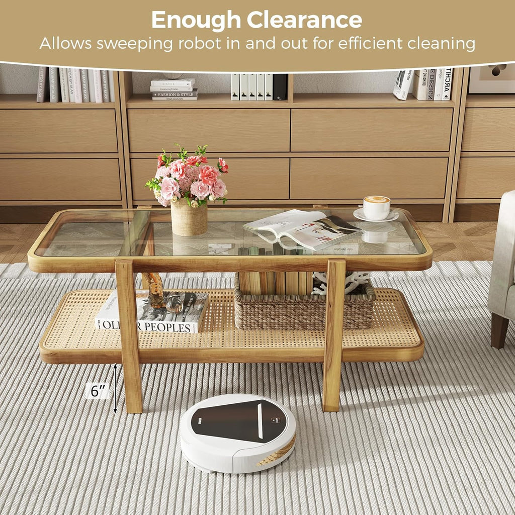 Giantex Rattan Coffee Table, 47.5" Rectangle Solid Wood Tea Table w/Tempered Glass Tabletop, Rattan Storage Shelf, 2-Tier Boho Coffee Tables, Farmhouse Center Table for Living Room (Oak)